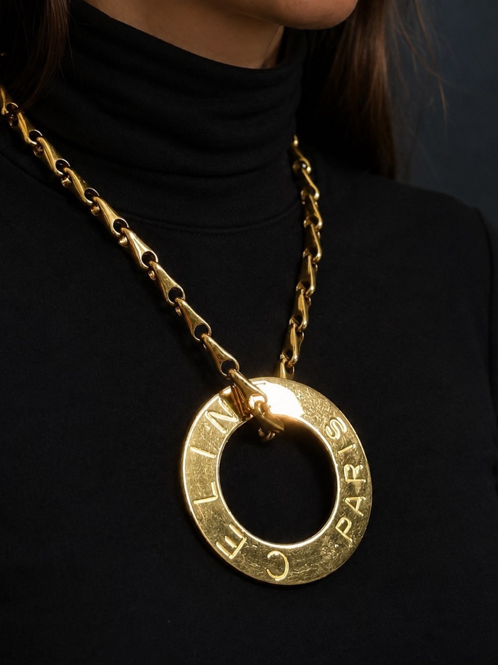 Vintage Celine Paris Heavy Gold Chain Engraved Circle Ring Pendant Necklace